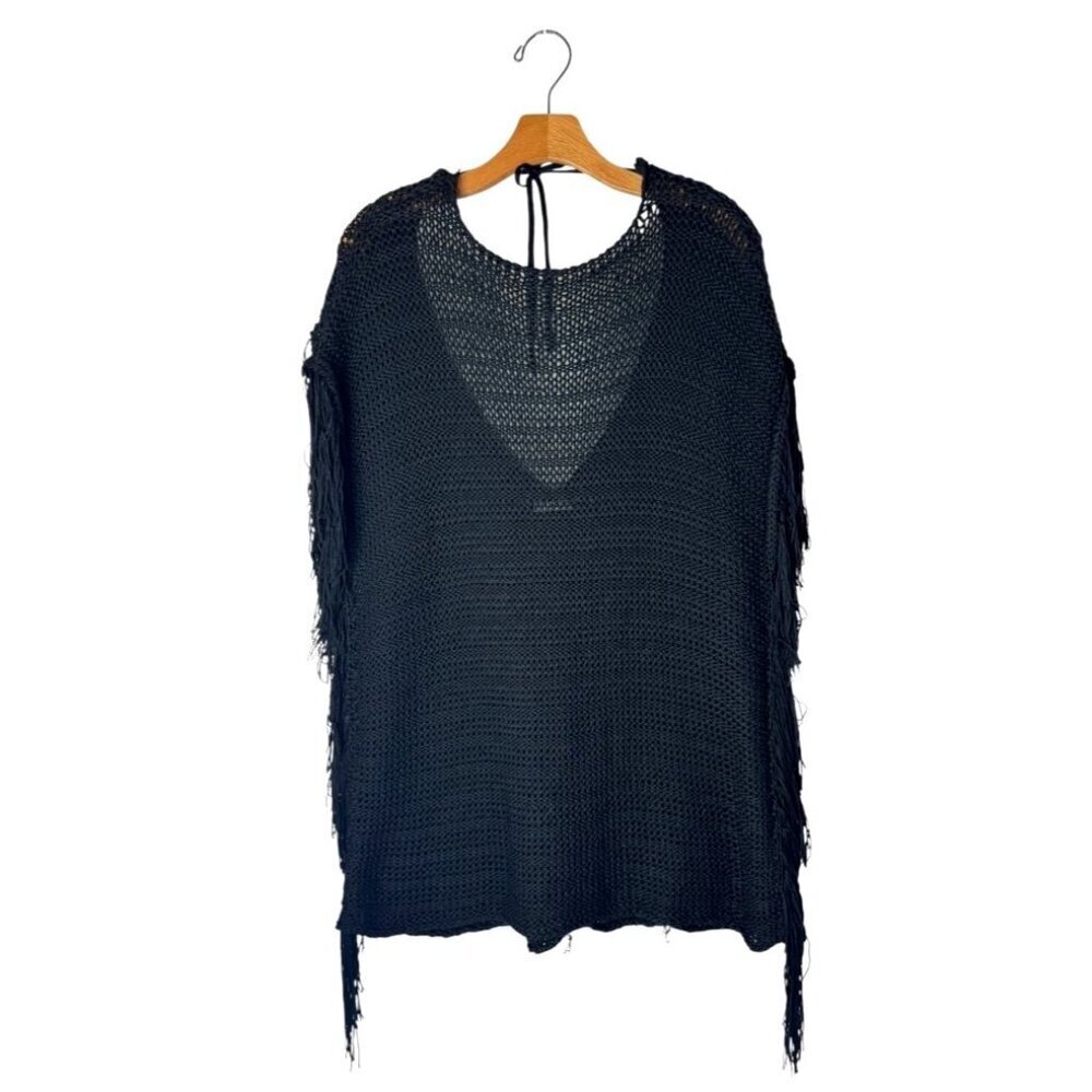 Zara Sweater Women Small Black Open‎ Knit V Back Fringe Sides Short Sleeve Tunic